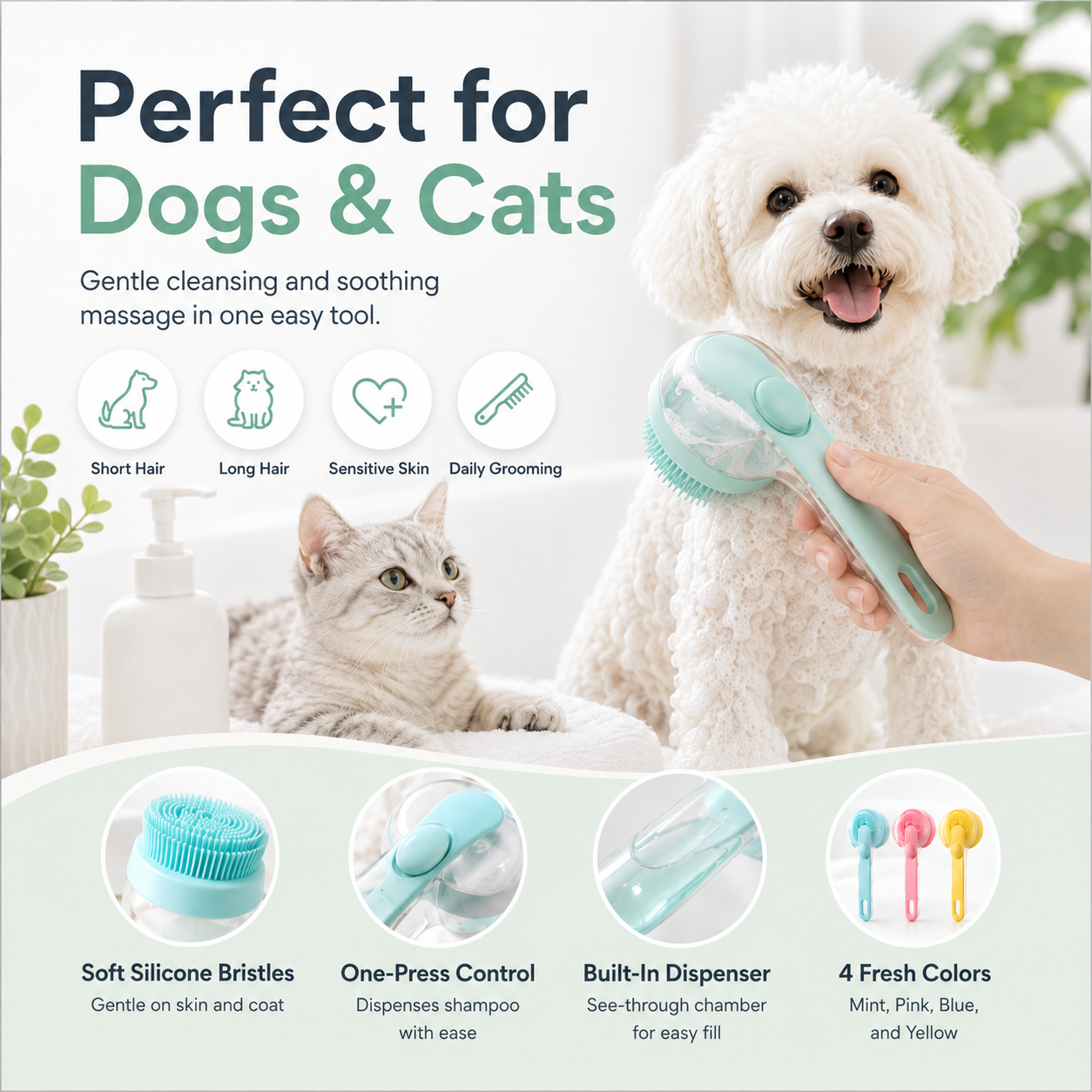 Pet Bath Brush with Built-In Shampoo Dispenser
